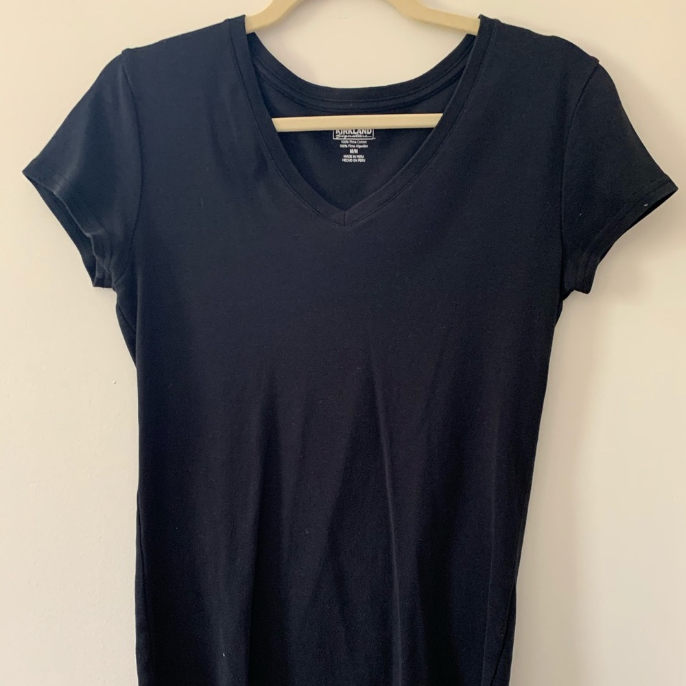 Black Cotton V-neck Short Sleeve T-shirt